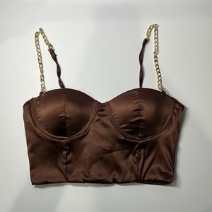 Chocolate corset crop top with gold chain straps, size small